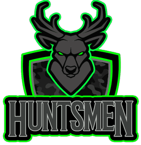 A fierce black deer head with green outline above the word 'HUNTSMEN'.