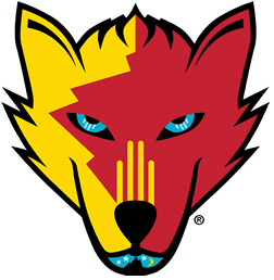 A stylized wolf face split in yellow and red with blue eyes.