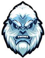 Fierce yeti mascot with icy blue and white fur, showing sharp teeth and a determined expression.