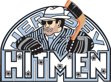 A stylized man in a pinstripe suit holding a hockey stick, with 'HITMEN' text below.