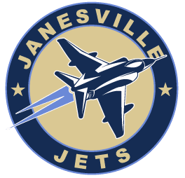 Logo of Janesville Jets hockey team with a jet plane.