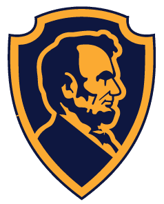 Profile of Abraham Lincoln in orange on a dark shield.