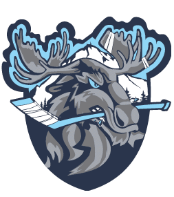 Stylized moose head holding a feather in its mouth, featuring bold blue and gray tones.
