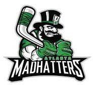Logo of the Atlanta Madhatters hockey team with a leprechaun holding a hockey stick.