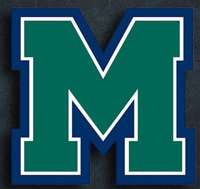 A stylized green letter M with a blue and white outline.