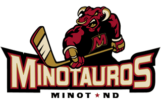 A fierce Minotaur holding a hockey stick in a sports logo design.