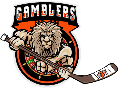 A fierce lion playing hockey with a stick, logo for Gamblers.