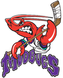 Aggressive red crab wielding a hockey stick for Mudbugs.