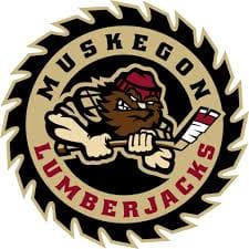 Muskegon Lumberjacks logo featuring an aggressive lumberjack with an axe.