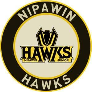 Logo of Nipawin Hawks junior hockey team with black, gold, and white colors.