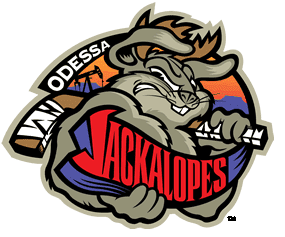 Logo of Odessa Jackalopes hockey team with a fierce jackalope holding a puck.