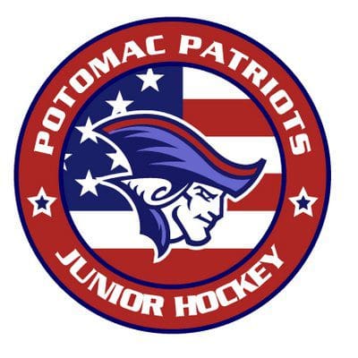 Logo of Potomac Patriots Junior Hockey with a patriot head and stars.