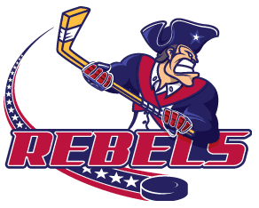 Cartoon hockey player in blue uniform with "REBELS" text.