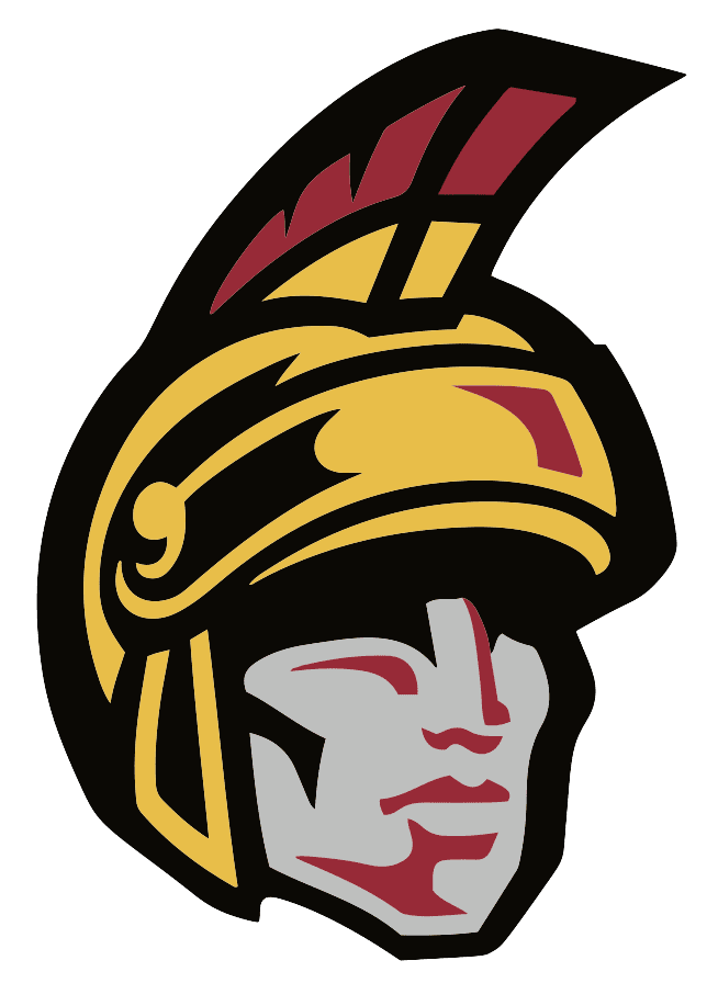 Stylized Trojan warrior helmet logo with bold colors.