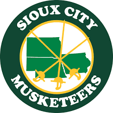 Sioux City Musketeers logo with a green map and crossed swords.