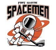 Logo of Fort Wayne Spacemen hockey team with astronaut and hockey stick.