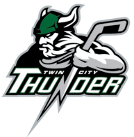 Twin City Thunder sports team logo with a fierce Viking holding a hockey stick.