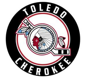Toledo Cherokee logo featuring a Native American profile and hockey stick.