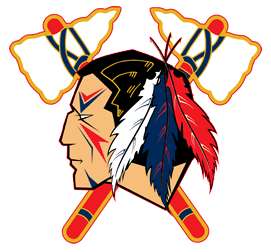 Native American inspired logo with feathers and tomahawks.