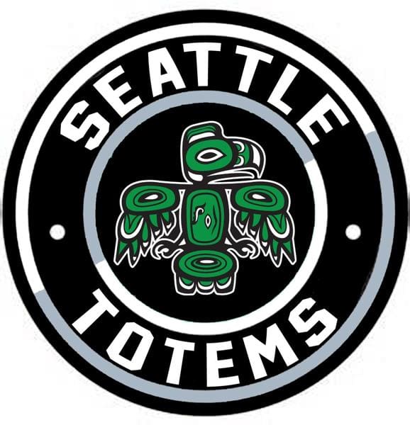 Seattle Totems logo featuring indigenous-style artwork in green and black.