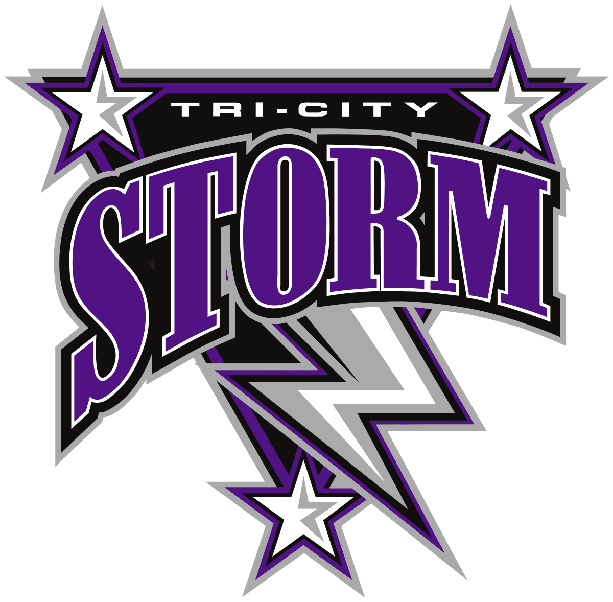 Logo of Tri-City Storm hockey team with purple stars and lightning bolt.