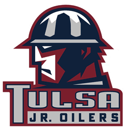 Tulsa Jr. Oilers hockey team logo with a masked player and a hard hat.