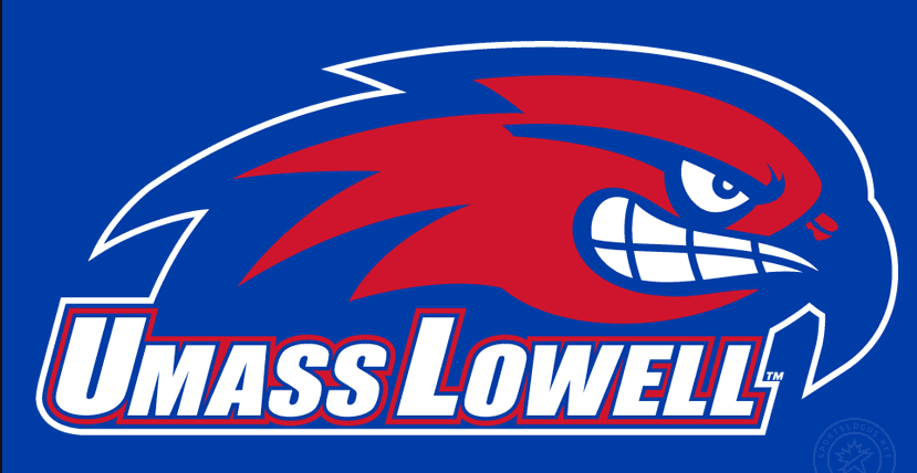 Mass Lowell logo with a fierce red hawk and bold text.