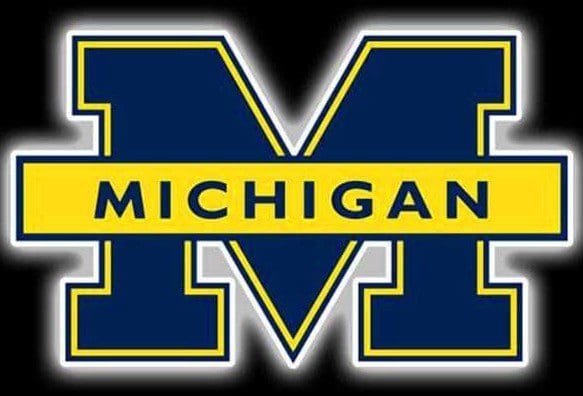 University of Michigan logo with bold navy and maize colors.