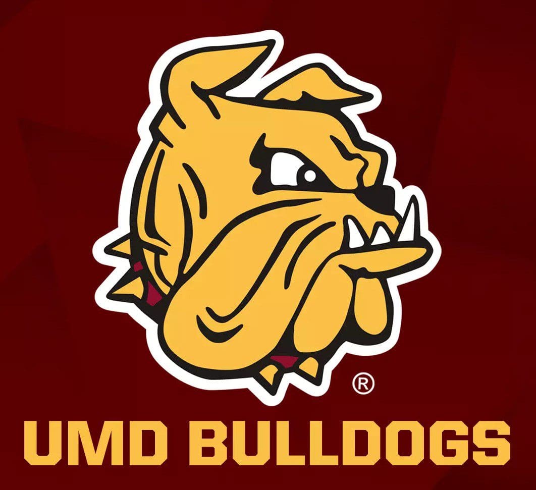 UMD Bulldogs logo featuring a fierce bulldog illustration.