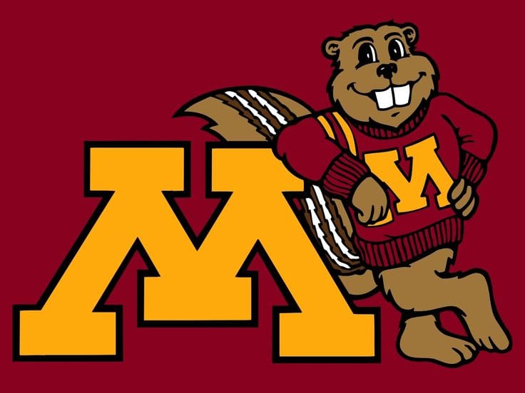University of Minnesota mascot with a large gold 'M' logo on a maroon background.