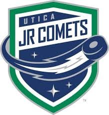 Logo of the Utica JR Comets with a hockey puck and shield design.