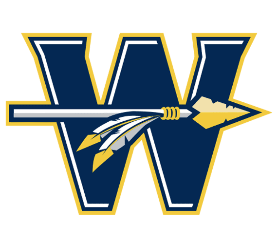 Logo featuring a large blue and gold 'W' with a spear and feathers.