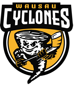 Logo of the Wausau Cyclones hockey team featuring a fierce cyclone with a hockey stick.