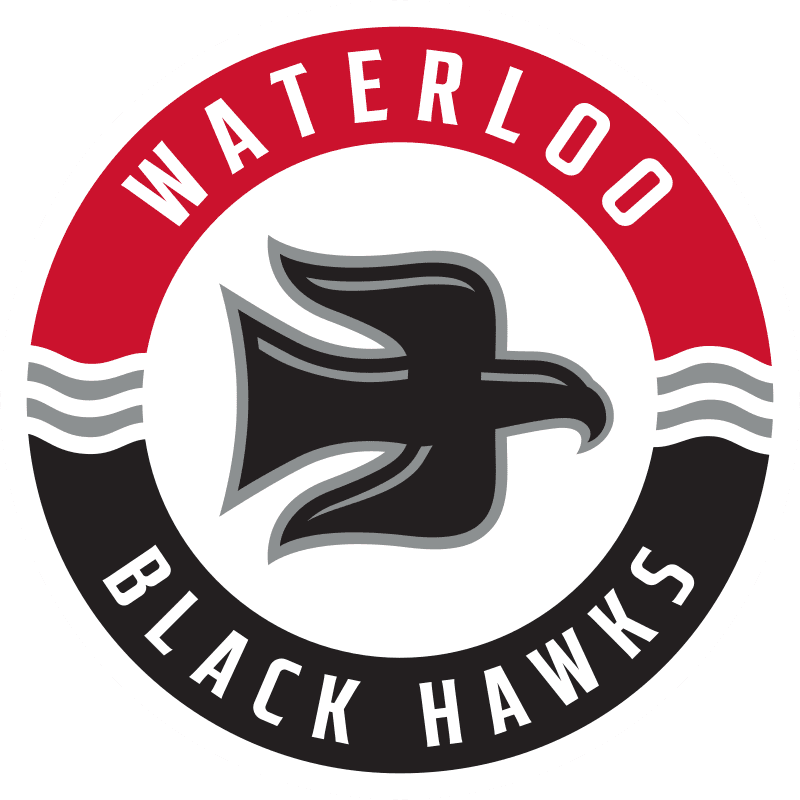 Waterloo Black Hawks logo with a black hawk and red, white, black colors.
