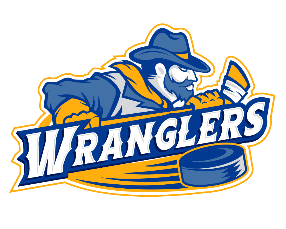 A fierce hockey player logo for Wranglers with a puck.