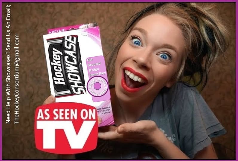 Excited woman holding a pink Hockey Shot 25 product with 'As Seen on TV' label.