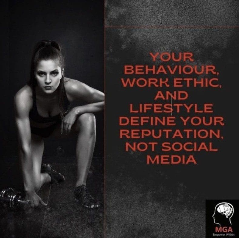 Motivational fitness quote with an athletic woman in a crouch pose.
