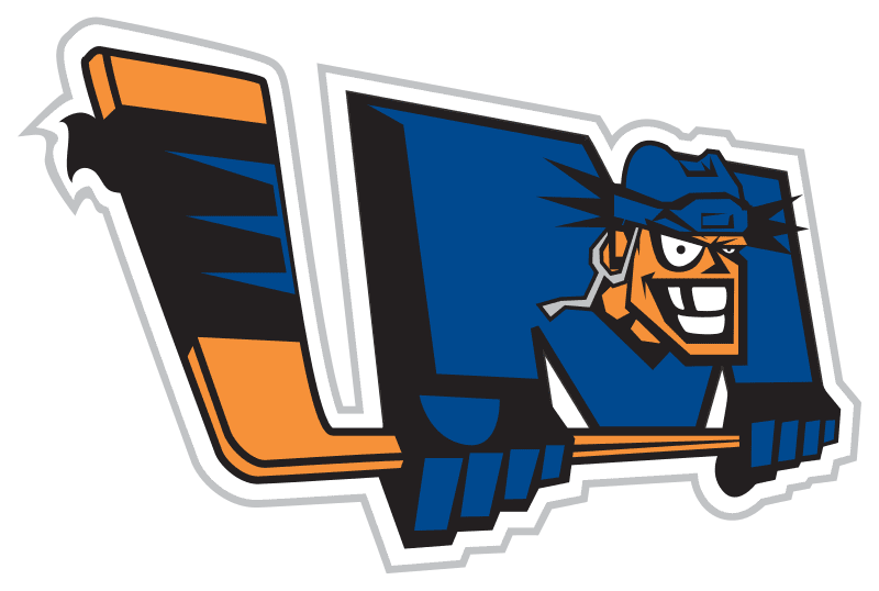 A cartoon hockey player holding a stick in a blue and orange uniform.