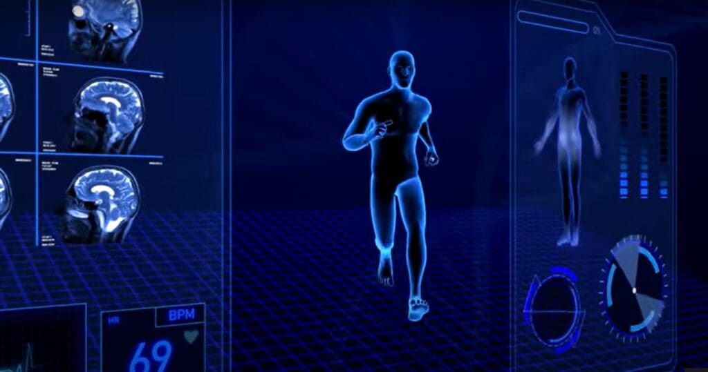 Digital blue silhouette of a running athlete against a dark background.