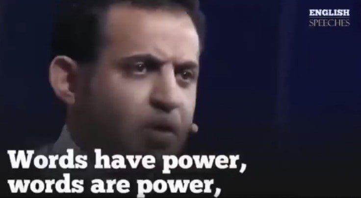 Man passionately speaking with a caption about power.