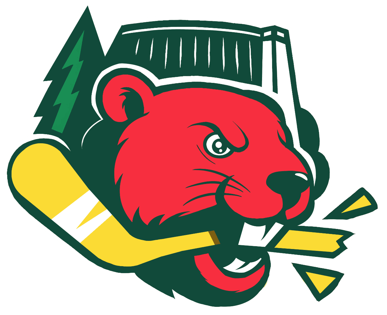 A fierce red bear mascot holding a hockey stick.