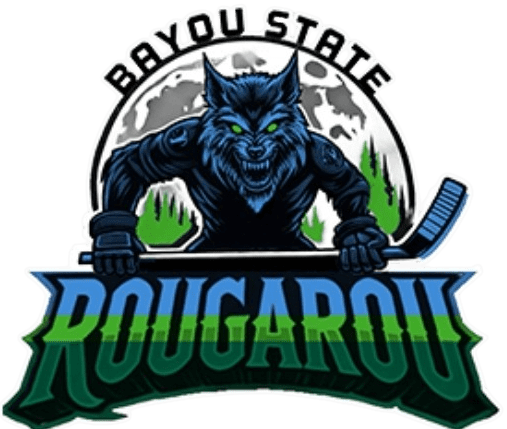 Logo of Bayou State Rougarou hockey team with a fierce blue werewolf.