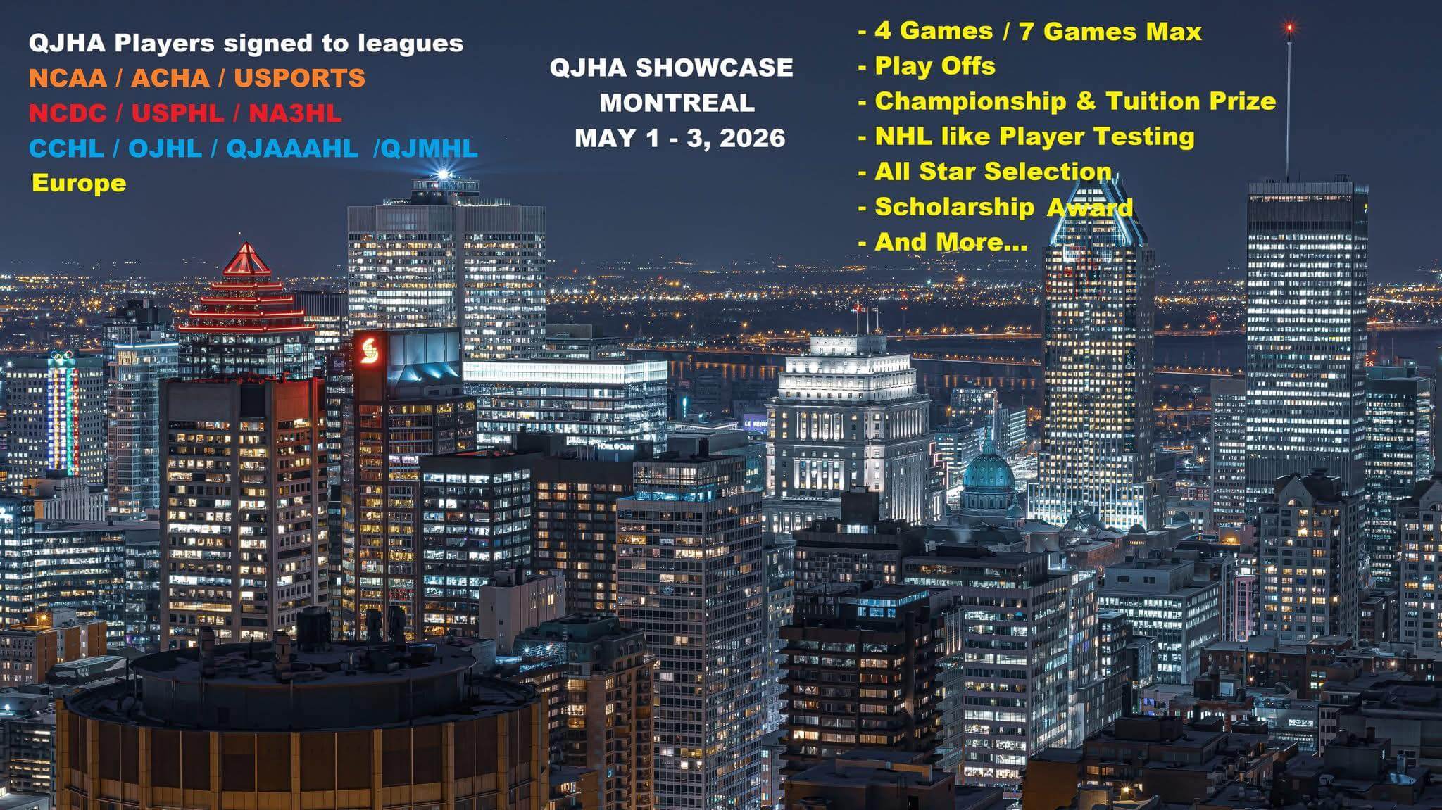 Montreal skyline with QJHA event information.