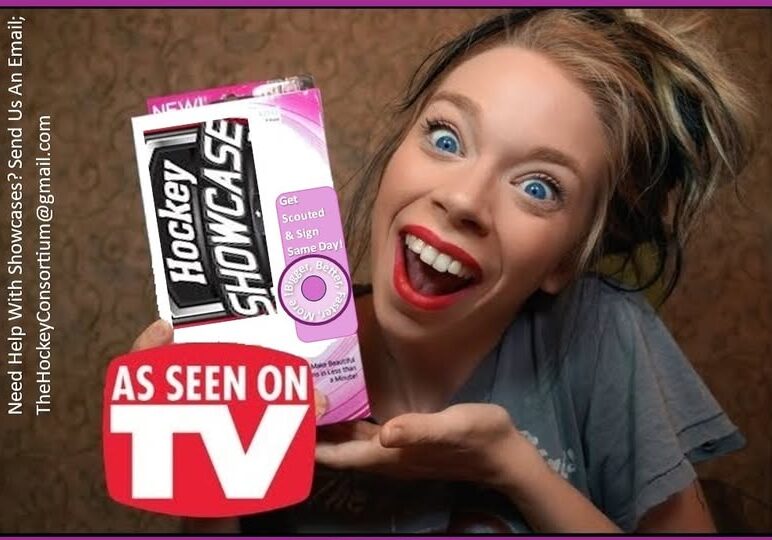 Excited woman holding a pink Hockey Shot 25 product with 'As Seen on TV' label.