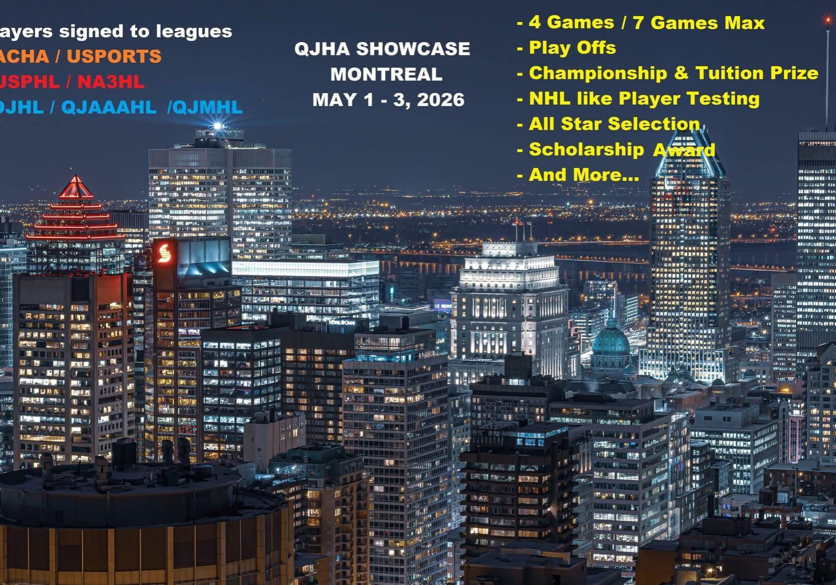 Montreal skyline with QJHA event information.