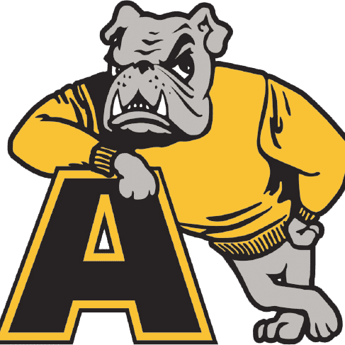 A fierce bulldog mascot leaning on a large letter 'A'.