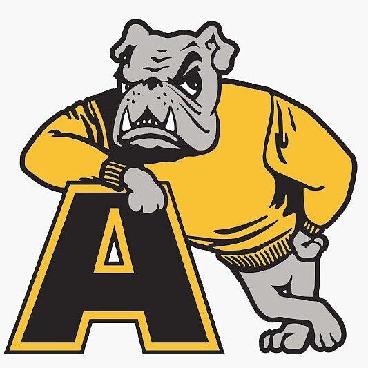Grumpy bulldog mascot beside large letter A