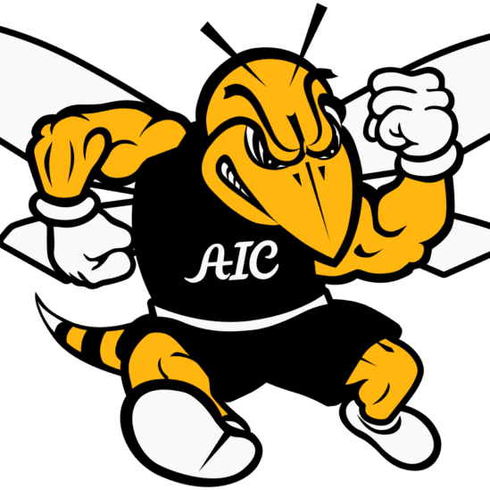 Cartoon hornet mascot in black sports attire flexing muscles.