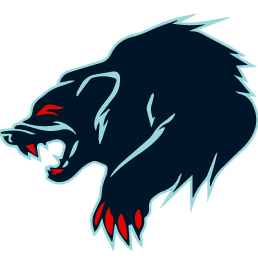 A fierce black bear logo with red eyes and claws.