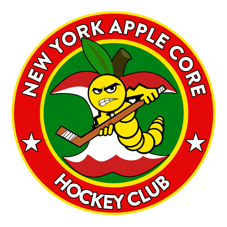 Logo of New York Apple Core Hockey Club with a worm holding a hockey stick.